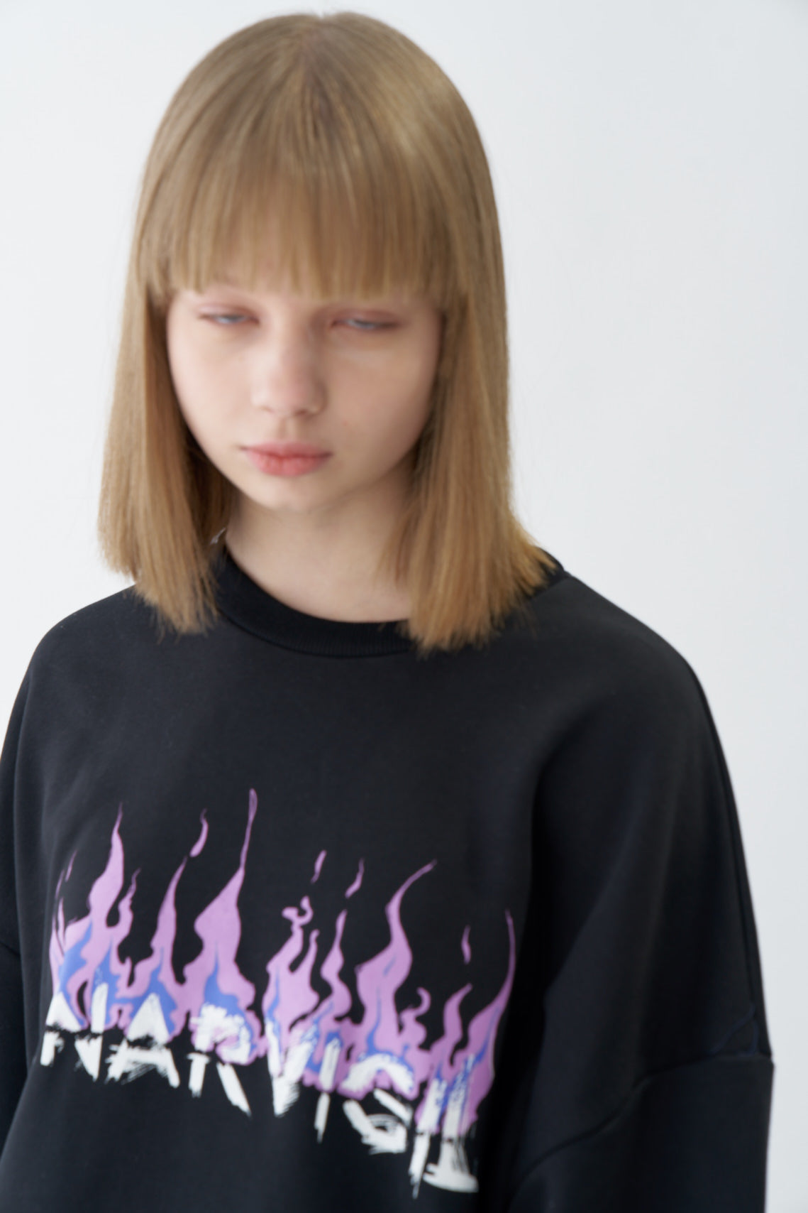 Purple-Blue Flame Graphic Oversized Black Sweatshirt