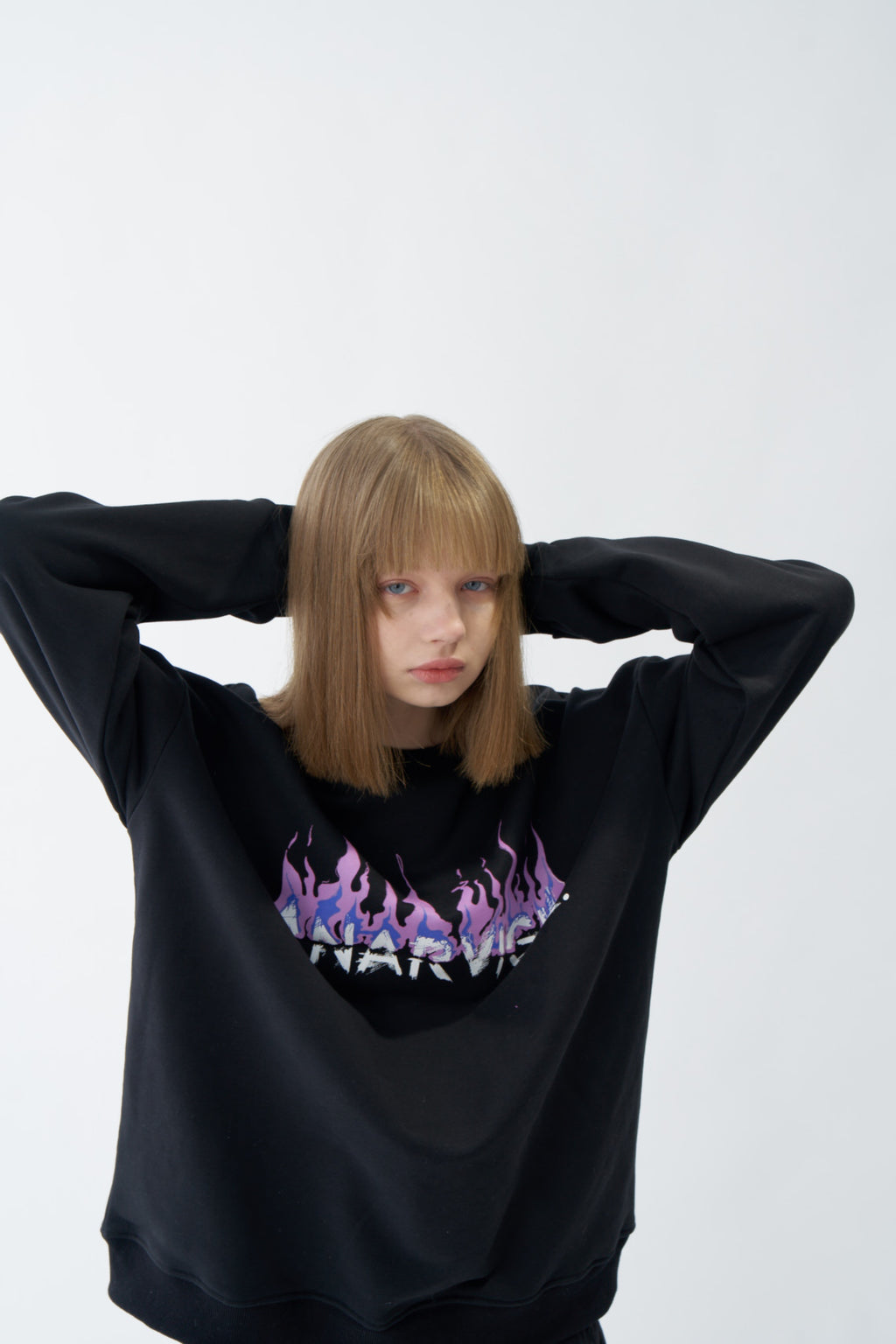 Purple-Blue Flame Graphic Oversized Black Sweatshirt