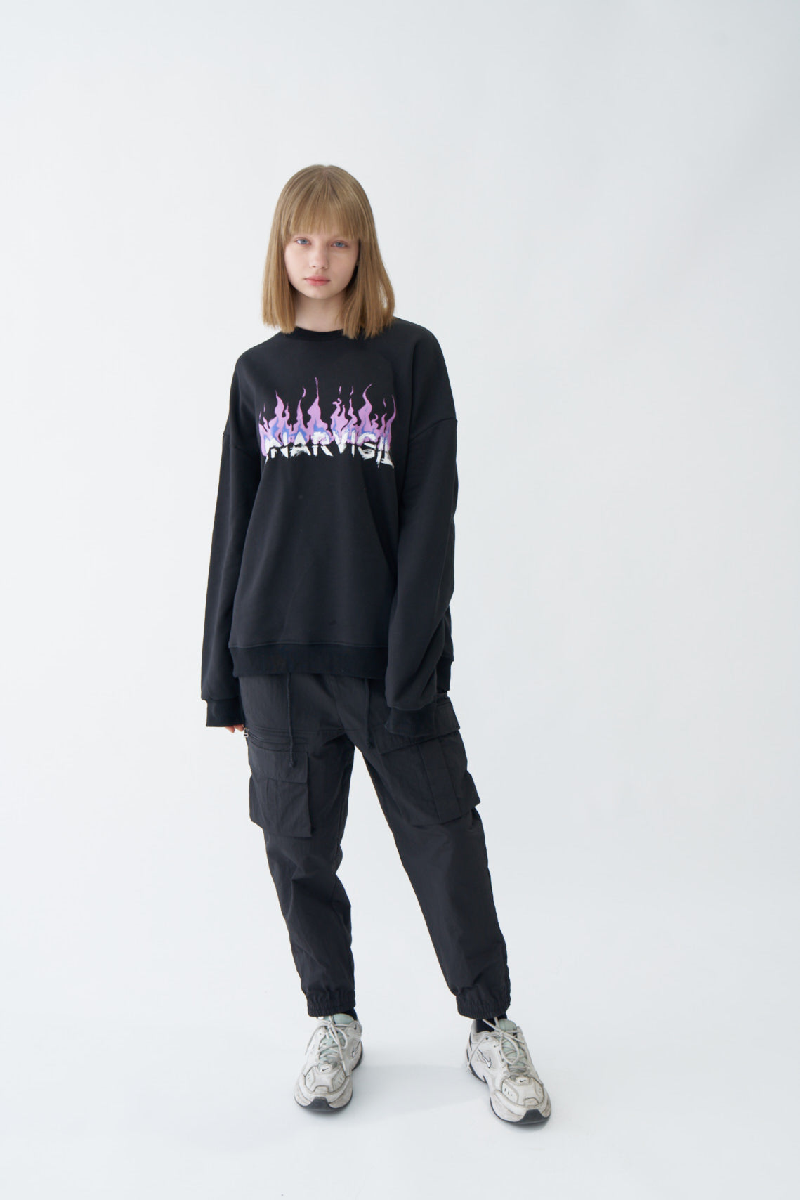 Purple-Blue Flame Graphic Oversized Black Sweatshirt