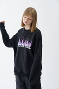 Purple-Blue Flame Graphic Oversized Black Sweatshirt