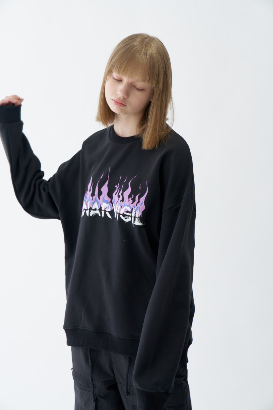 Purple-Blue Flame Graphic Oversized Black Sweatshirt