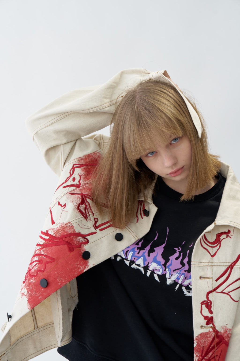 Red Sketch Art Denim Jacket