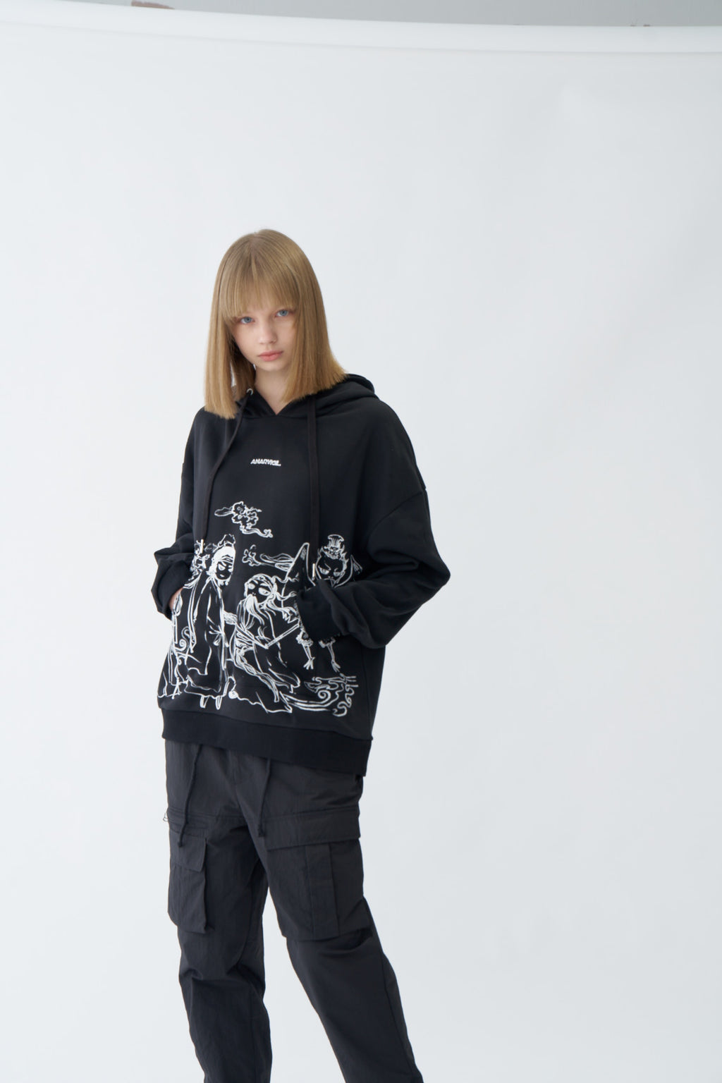 Traditional Chinese Ink Illustration Oversized Black Hoodie