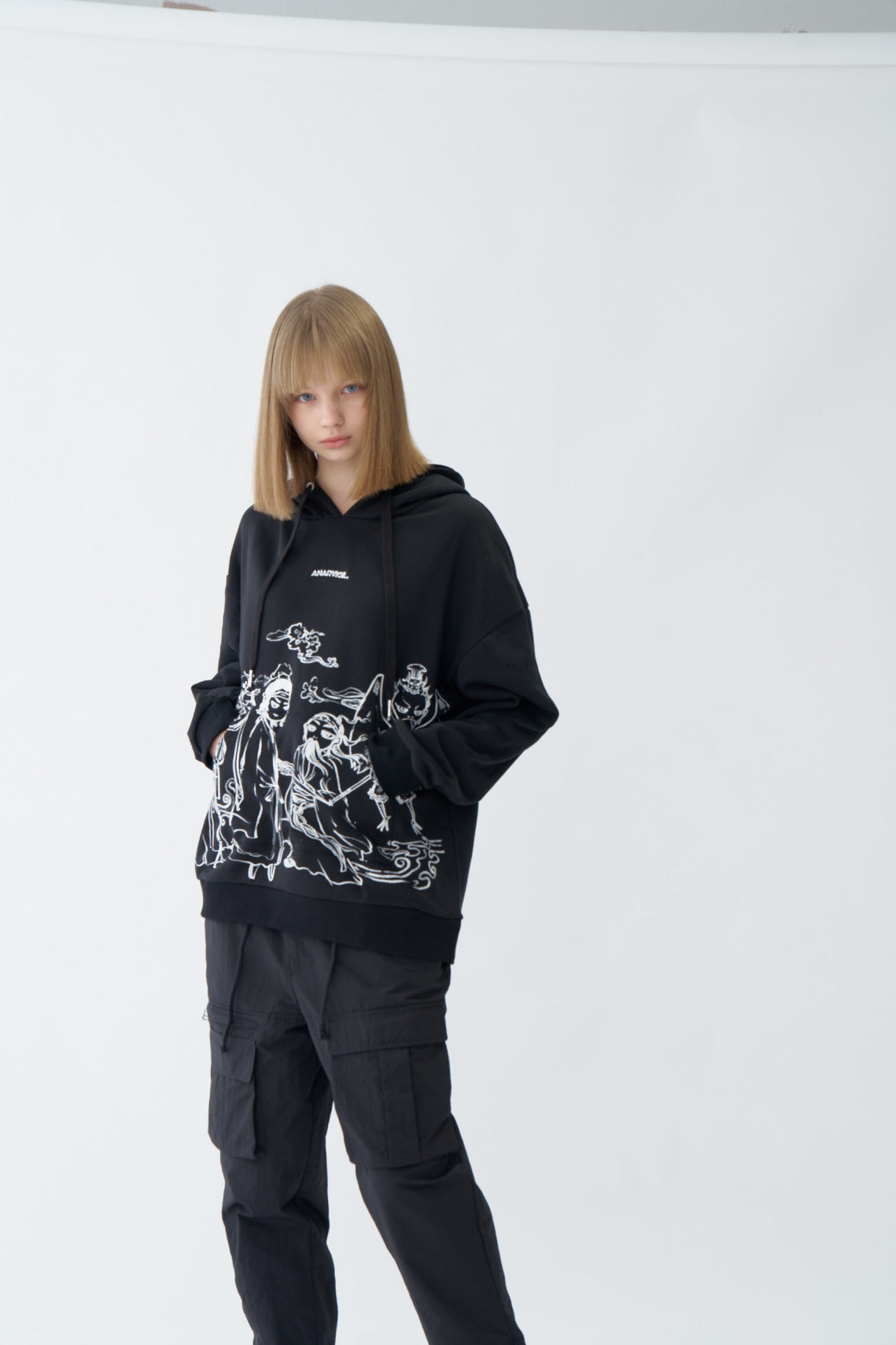 Traditional Chinese Ink Illustration Oversized Black Hoodie