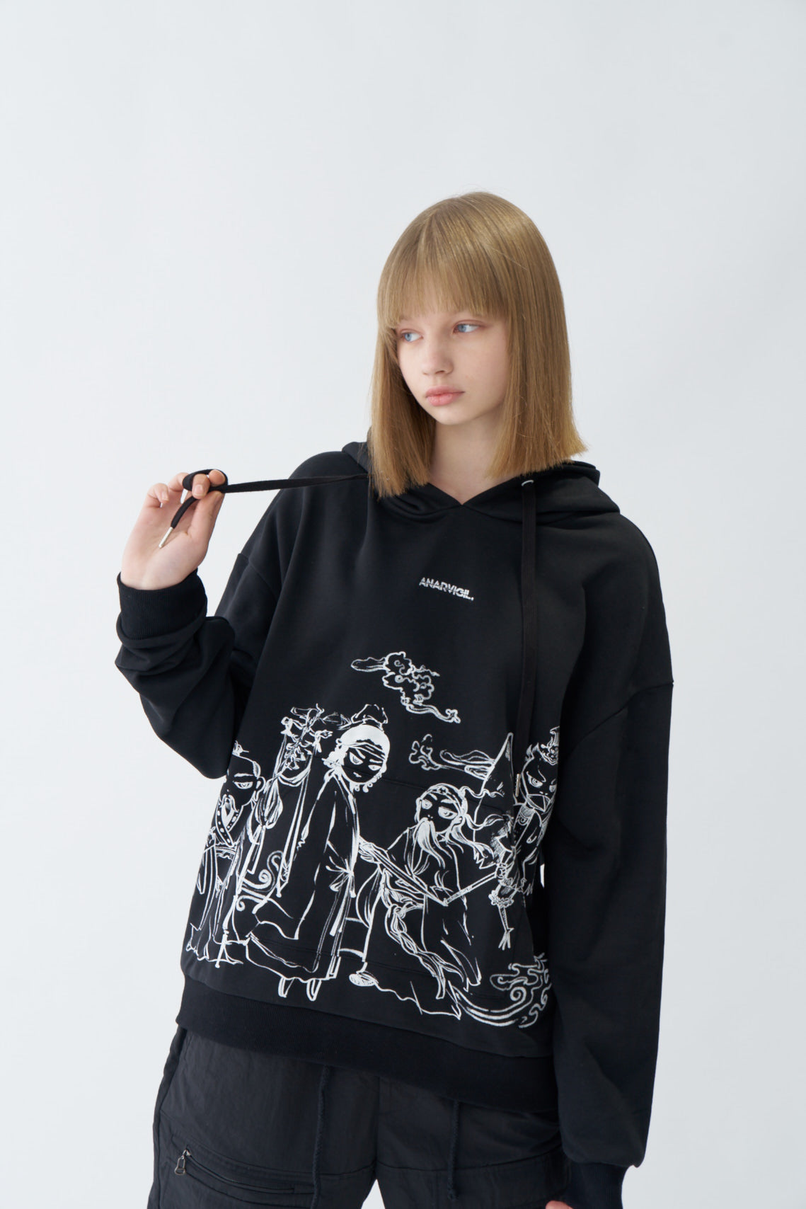 Traditional Chinese Ink Illustration Oversized Black Hoodie