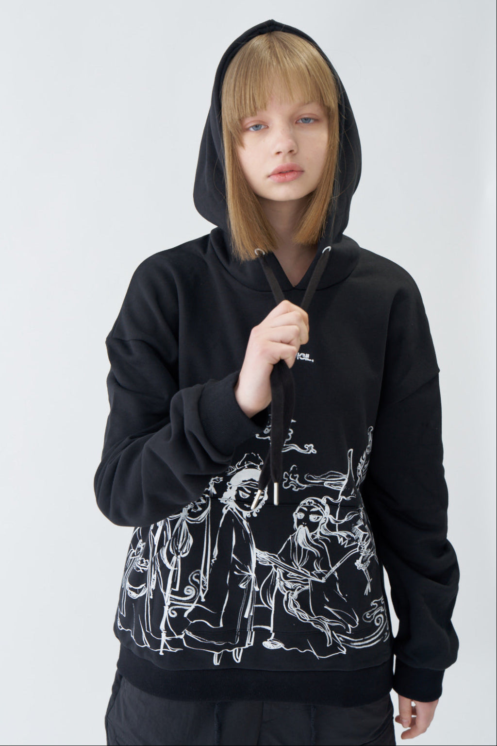 Traditional Chinese Ink Illustration Oversized Black Hoodie