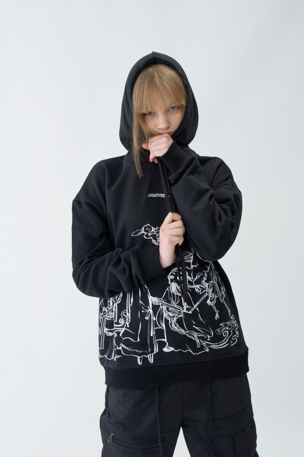 Traditional Chinese Ink Illustration Oversized Black Hoodie