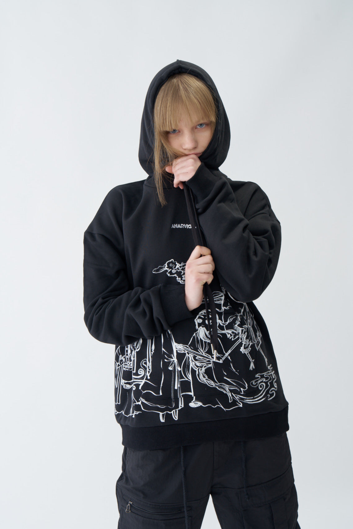 Traditional Chinese Ink Illustration Oversized Black Hoodie