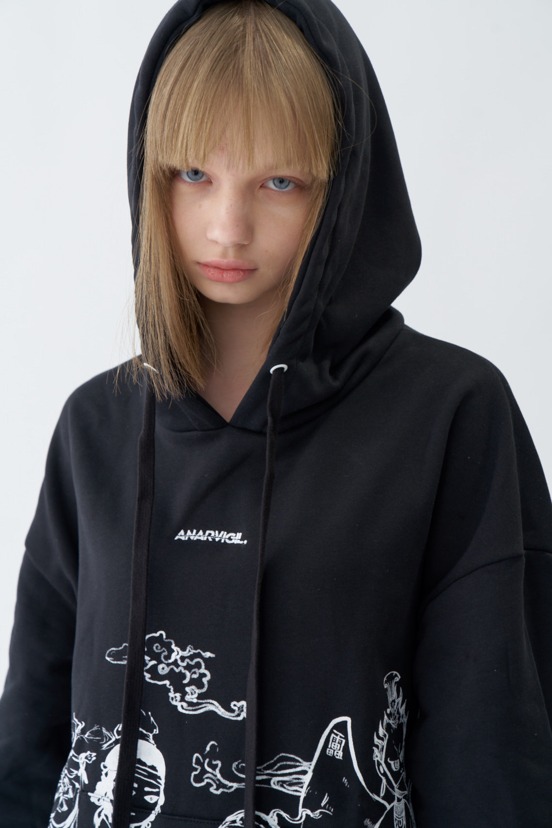 Traditional Chinese Ink Illustration Oversized Black Hoodie