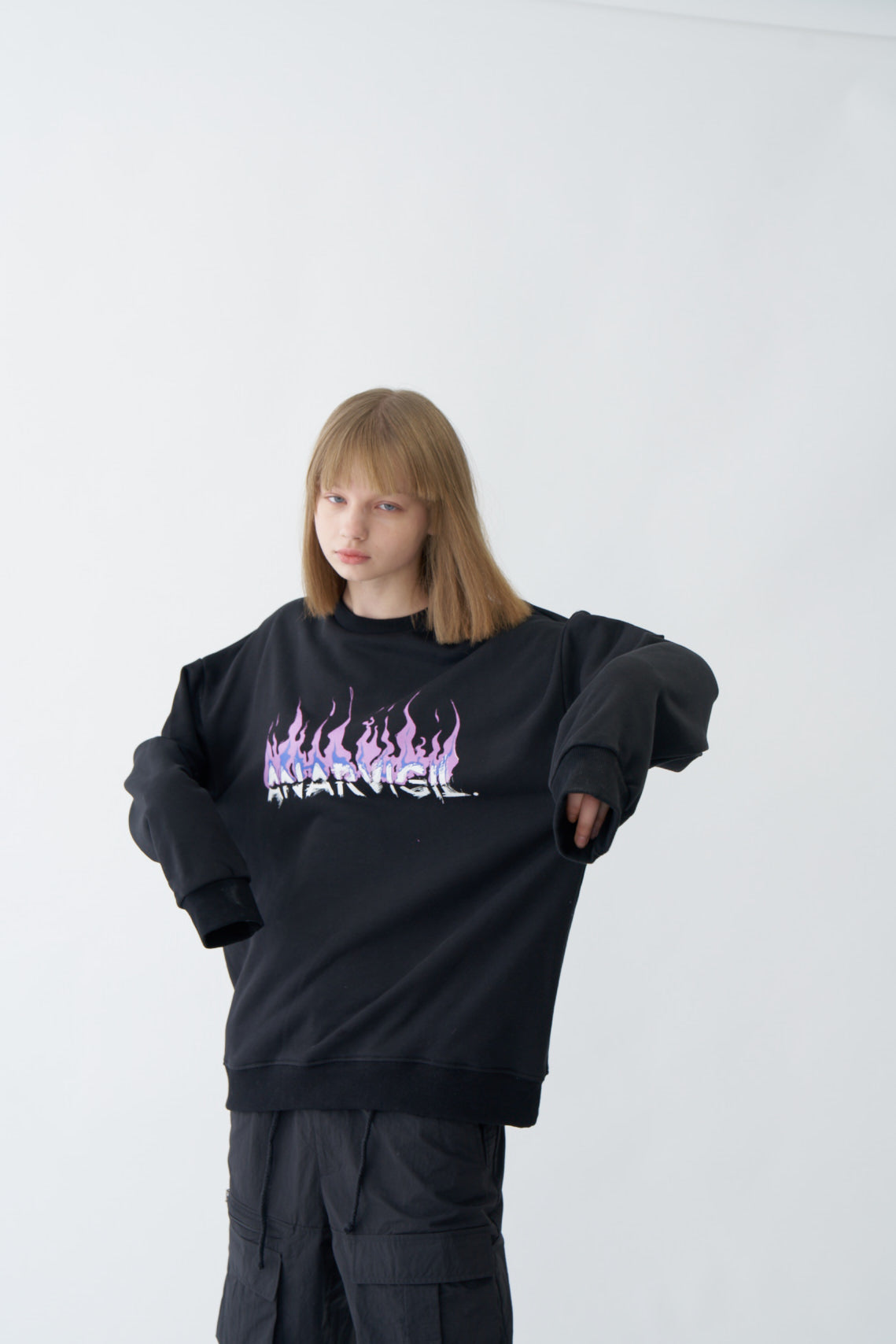 Purple-Blue Flame Graphic Oversized Black Sweatshirt